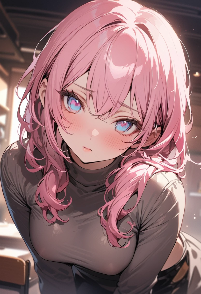 ((masterpiece,High resolution,Highest quality))
(Mature 26 years old,One Fair-skinned woman,Very small waist,Big breasts)(erection atmosphere,Seductive eyes)(Light Pink hair Short curled into a curl at the end, and two curled strands in front, Light Blue eyes,Sharp Eyes)(Casual Campus Turtleneck, Cute, Pouting, in Class)