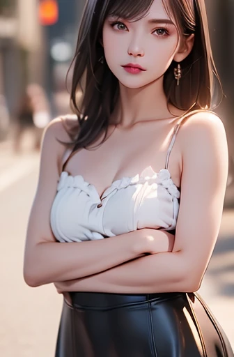 (((best quality))),1 female,slender face,(((arms behind))),(((cool beauty))),Black Hair,Brown Eyes,medium hair,straight hair,small breasts,looking at viewer,25 years old,No pubic hair,Height: 160cm,(full body),blouse,Standing in a busy street at night,mini skirt,Provocative look,bangs,Seductive expression