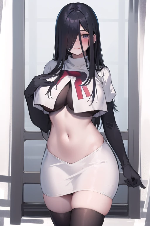 masterpiece, detailed, high quality, absurdres, sadako, (hair over eyes), pale skin, blush, large breasts, curvy, navel, stomach, groin, team rocket,team rocket uniform,white skirt,red letter R,crop top,black thigh-highs,black elbow gloves, cowboy shot,