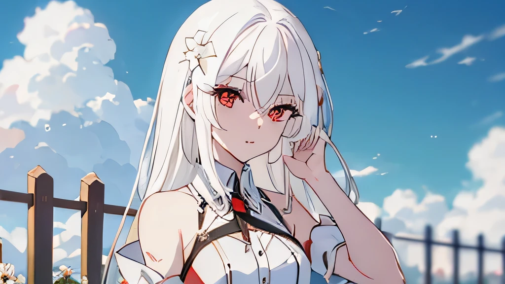 (masterpiece, best quality), ((1girl, (mature), Ninym Ralei, ), (white hair, beautiful hair), (red eyes, beautiful eyes, eye highlights, sharp eyes), (looking at the viewer, white flowers)), ((sky, clouds), fence), (highres, chromatic aberration), (armpit)