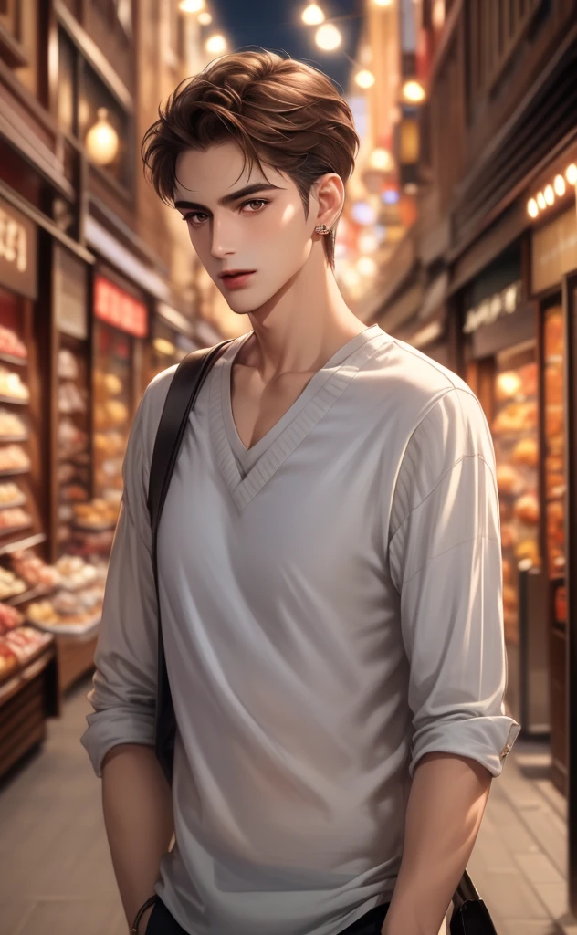 Handsome man ,wearing a collarless striped shirt, Short brown hair, Delicate face, White skin, (Walking through the shopping street at night),earrings
