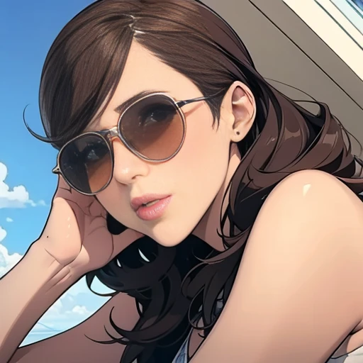  only one sunglasses, A girl with sunglasses perched on her head,