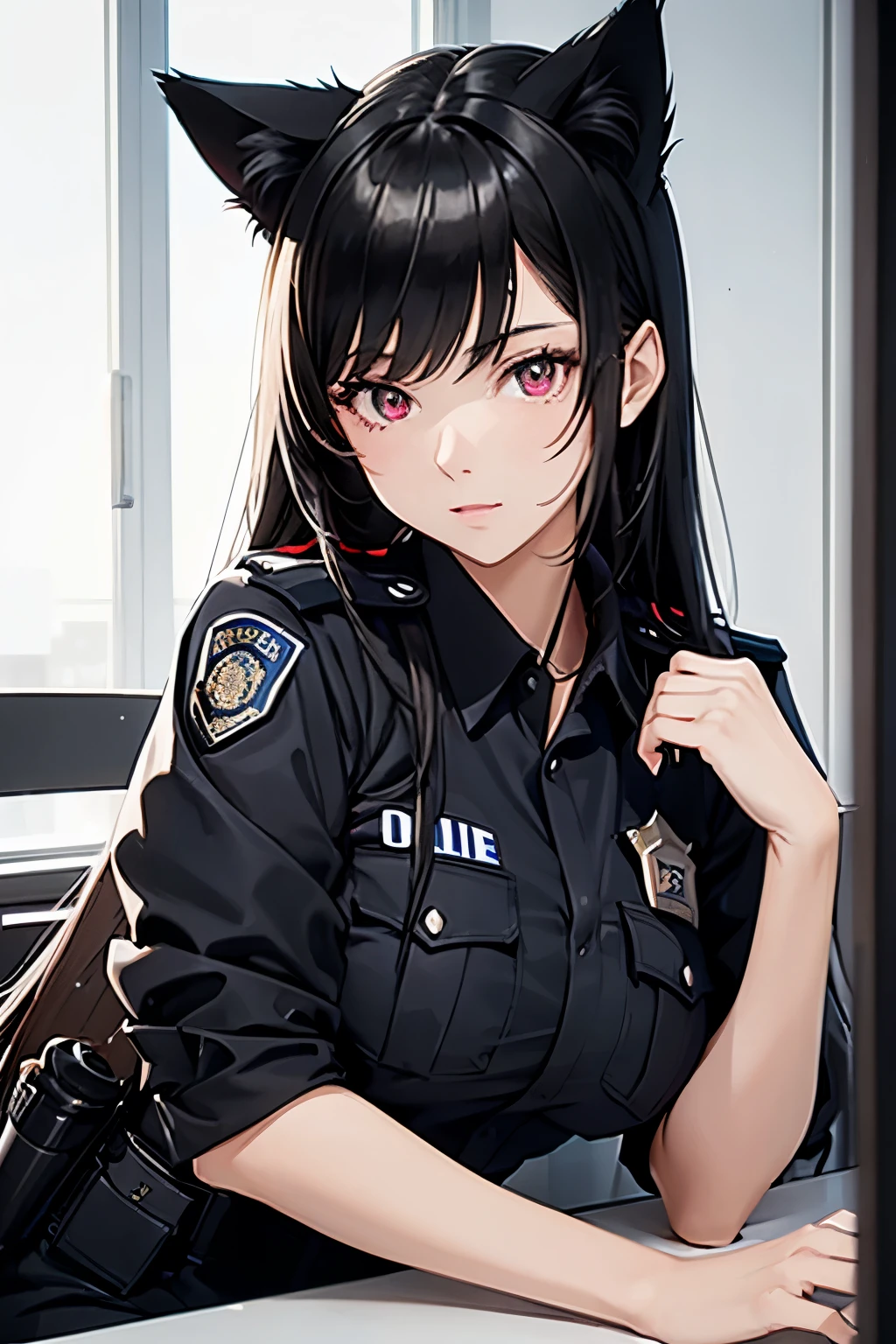 25-year-old woman(Police Officer)、disheveled black hair、Cat ears、Beautiful red eyes、cop uniform、Police office、High resolution, High detail, Beautiful big breasts,
