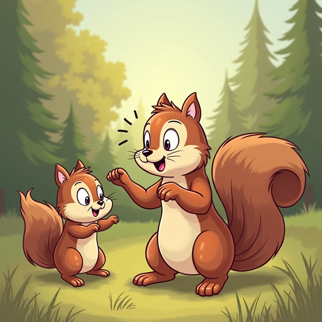 Create a cartoon squirrel leading friends in singing.