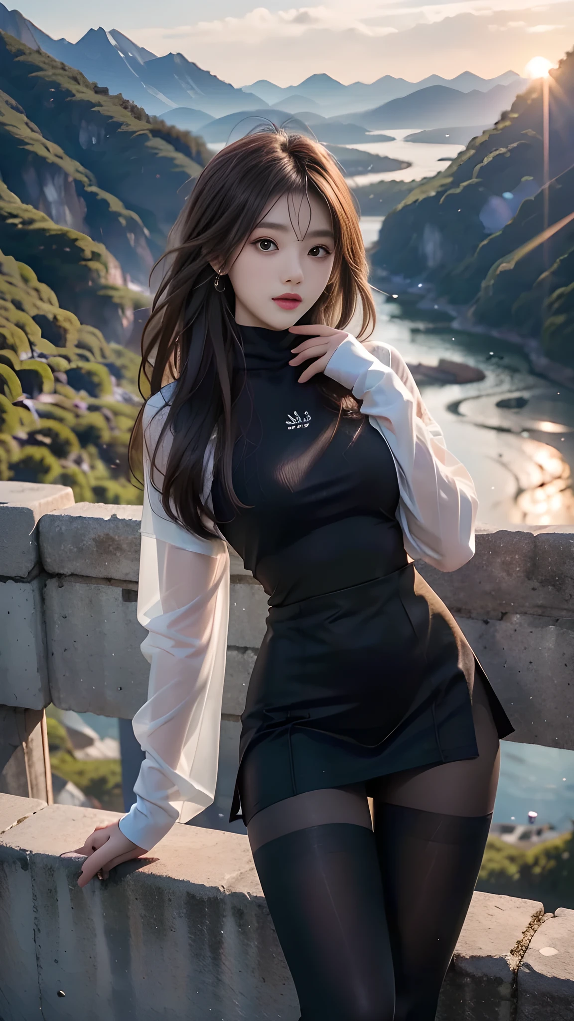 ulzzang-6500-v1.1, (RAW photo: 1.2), (Real photo), (Real photo: 1.4), 1 girl、Perfect anatomy、19 years old、Looking at the camera、Medium length hair、Uniform dress, watching the sunset, ((in the mountains: 1.1))、(Hyperrealistic tights: 1.2), (Business service)、Asian eyes Ella,