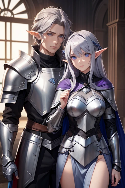 masterpiece, High resolution, two characters, a half elf with violet eyes, gray hair with leather armor in silver colors and the other human woman, redhead, blue eyes 22 years old, with plate armor, blue cape.