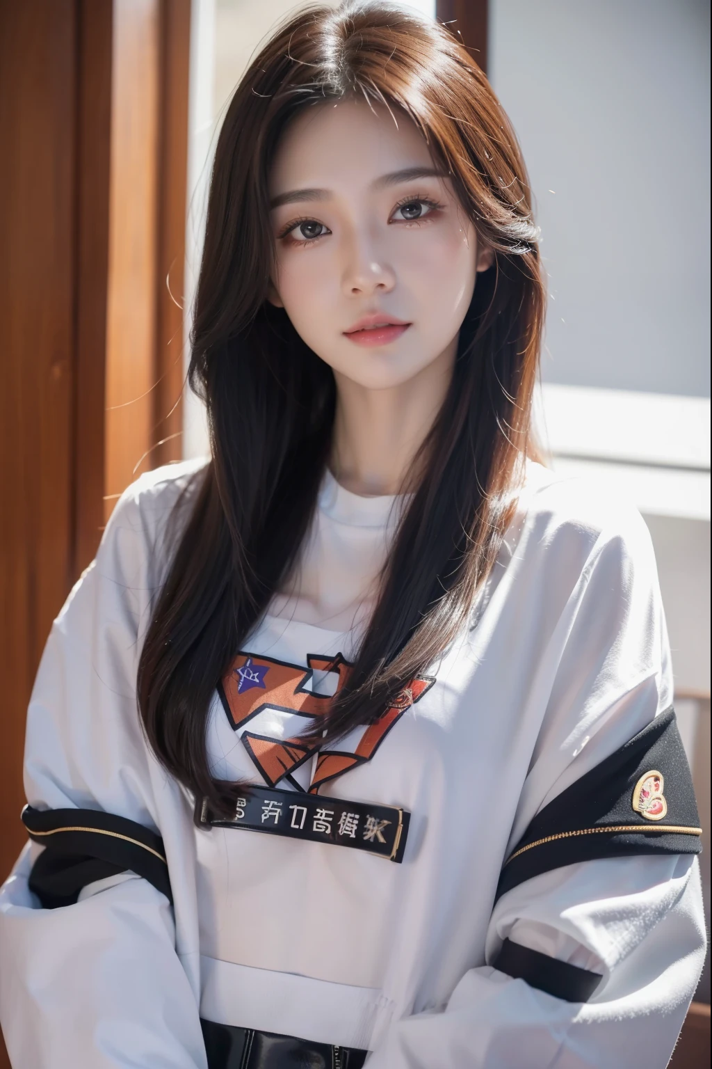 "A beautiful and charming young woman named Avril Lin, a trainee idol, with long hair styled in a hime cut. Her hair is predominantly black, but with a striking purple highlight on her bangs. She has an elegant and warm appearance, exuding kindness and grace. Avril Lin's outfit is stylish and trendy, befitting her status as a rising star in the world of idols. She is standing in a modern, softly lit studio, giving off an air of confidence and sweetness. Her eyes are bright and full of determination, reflecting her aspirations to become a successful idol."super fine eyes, super fine face, super fine nose, super fine mouth, super fine fingers, super fine body, super fine hand, perfect body, golden ratio, good shape, muscular, super realistic, beautiful girl, asian girl, perfect idol.