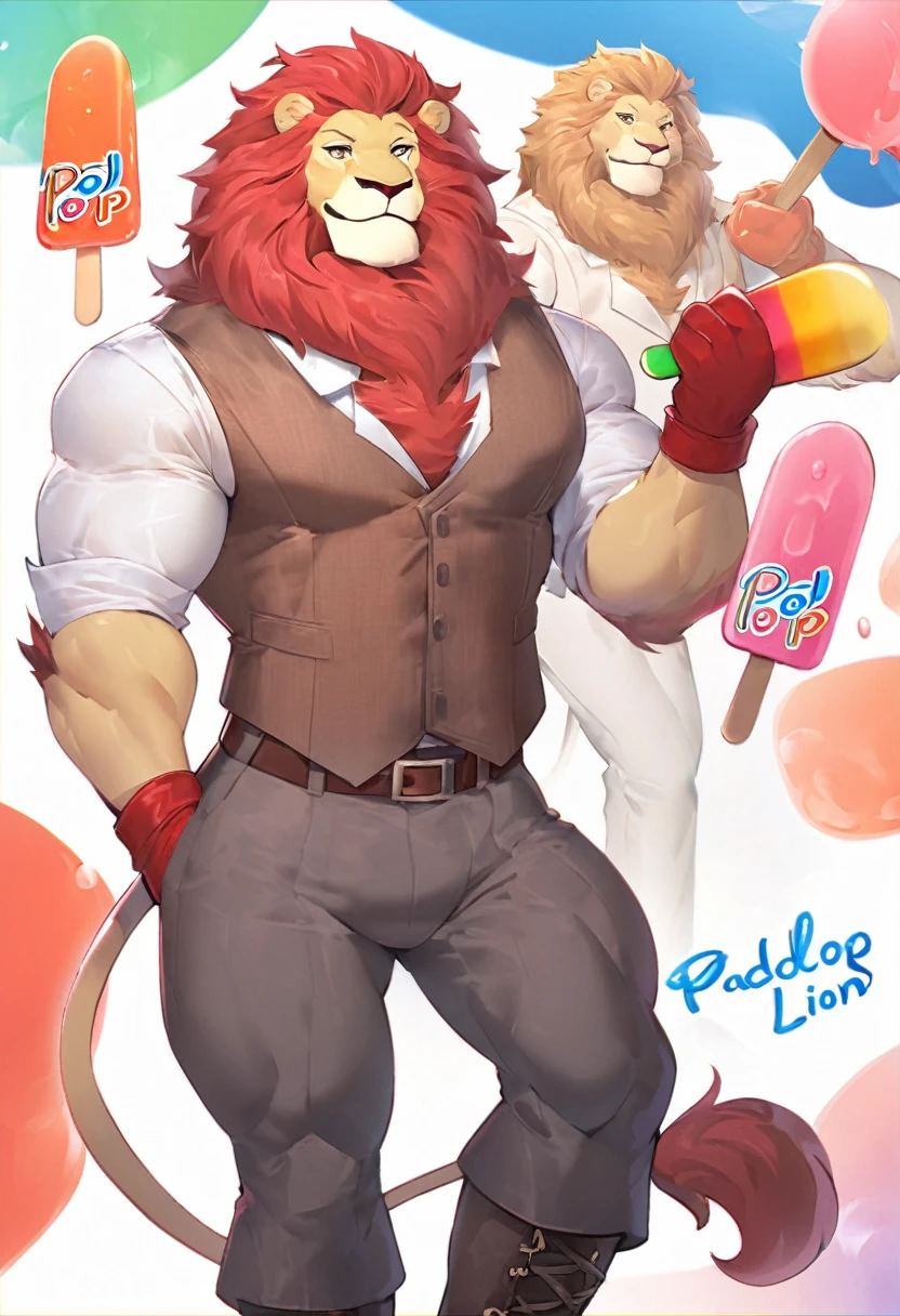 Paddle Pop lion, paddle pop begins cartoon, wears a white shirt with details in the collared with a brown vest, red gloves,gray pants thick fabric, red belt in style feline and boots red with details, extremely beautiful face, muscular body, gentle look, hot, eating paddle pop ice cream, tall, slender