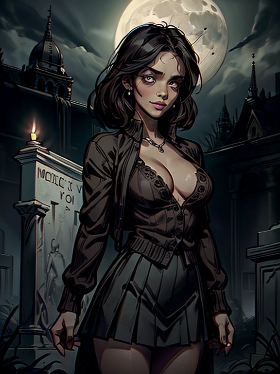 intricate detailed 1girl leaning on tombstone, ominous smiling at viewer, tight cardigan, white shirt showing cleavage, , small breasts, black pleated skirt, full moon night time fog, corpses emerging from graves(worldofundead), photorealistic, dramatic lighting, moody atmosphere, cinematic composition, dark fantasy, gothic, highly detailed, hyperrealistic, beautiful detailed eyes, brown eyes, beautiful detailed lips, dead people gathered, zombies gathered around, zombie apocalypse, ominous surrounding, worldofundead,