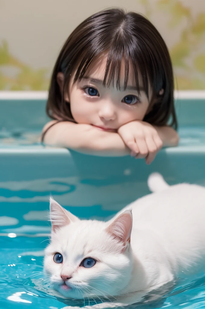 kitten,((best quality:1.3)), ((masterpiece:1.3)), ((detailed background:1.3)), (楽しそうな笑顔 のkitten: 1.3), Amazing visuals、There's no human、Focus on animals、Open your mouth、Watch Viewers、White Cat、In the pool、bubble、alone、swimming、 In the pool泳ぐkitten,