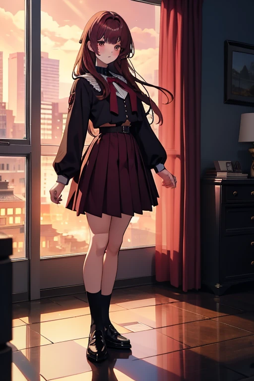 1girl, long burgundy hair in half-up hairstyle, asymmetric bangs, large bust, soft smile, bedroom eyes, high school uniform, knee-length skirt, anime style, beautiful figure, full body portrait, medium length hair, detailed facial features, cinematic lighting, warm color palette, volumetric lighting, elegant pose, photorealistic, highly detailed, masterpiece, 8k, realistic