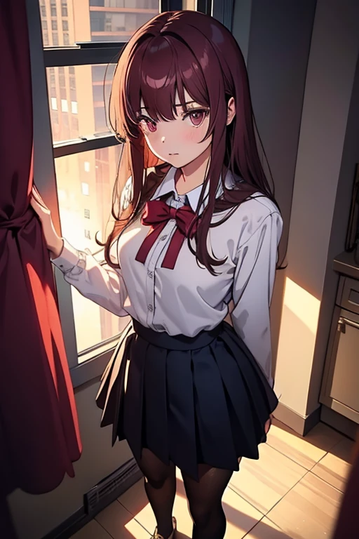 1girl, long burgundy hair in half-up hairstyle, asymmetric bangs, large bust, soft smile, bedroom eyes, high school uniform, knee-length skirt, anime style, beautiful figure, full body portrait, medium length hair, detailed facial features, cinematic lighting, warm color palette, volumetric lighting, elegant pose, photorealistic, highly detailed, masterpiece, 8k, realistic