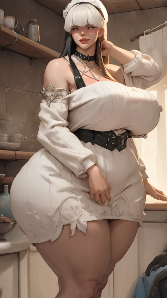 Goddess, glowing irredesent skin. very short hairstyle. Massive soft breasts. massive wide hips. choker. mini dress.