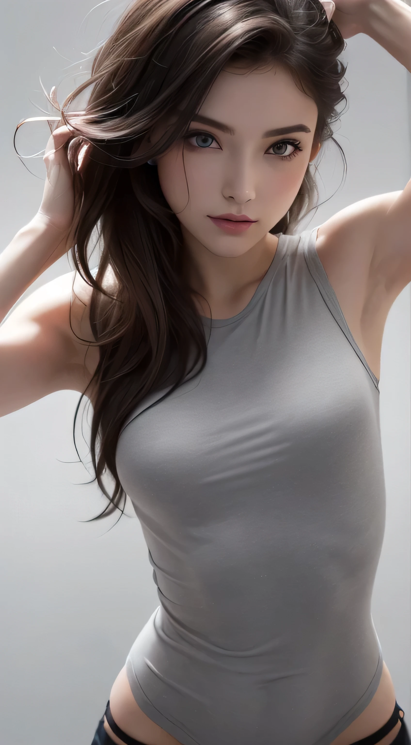 8k Ultra HD、RAWphotograph、Model photo shoot、Russian Race, European racing, (masterpiece, Highest quality, photoGenuineistic, High resolution, photograph: 1.3), close, I focus, Hot Model, slim, 30 years old、Small face、Shortcuts、Dark brown hair、Beautiful eyes in every detail、Genuine Skin, (Perfect body), Sexy hot face, erotic, sexual perspective, slim, Sweat top, Beautiful eyes in every detail、Glossy Lips、Small breasts、、Bust B cup、((Bright light、Dynamic Lighting、Genuine、Super Genuine、 Genuineism、Genuineistic details、Cool Beauty、Cool pose、Background gray、Plain gray background
