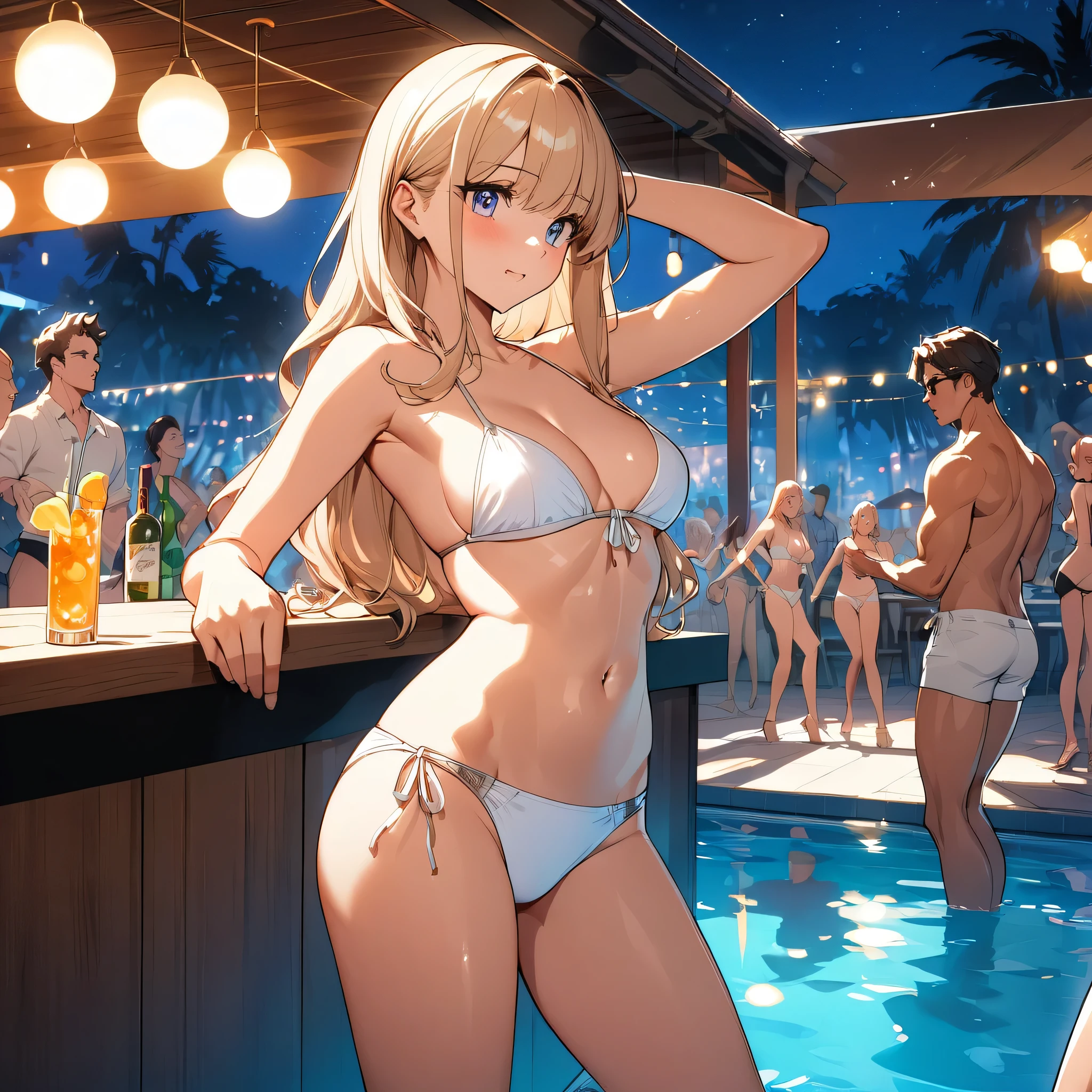 A masterpiece, boldly drawn anime style illustrations, detailed drawings, midsummer nights, crazy fun, cinematic lighting, a poolside bar. A toned young man in bikini briefs is trying to woo a stylish, glamorous woman in a white bikini.