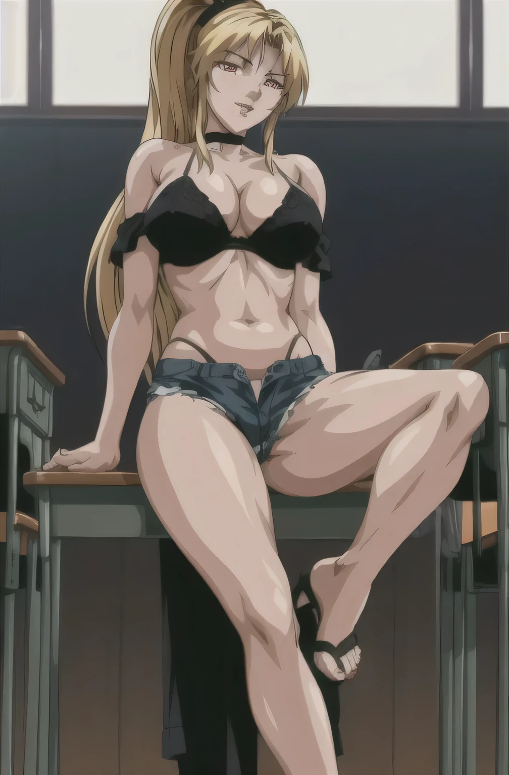masterpiece, best quality, highres, 2girl kaori saeki, black micro bikini, micro denim shorts, black off shoulder crop top, black lace choker, classroom, full body shot, (smug:0.3), looking at viewer, focus solo, sexy pose, mature, flip flops, detailed feet, busty, cleavage, blonde, long hair, red eyes, dangling shoe, seducing, sandals, in besexy legs, perfect feet, perfect eyes, sexy, seductive, sucking finger, dancing, bellydancer, horny, nasty, sultry, slutty,