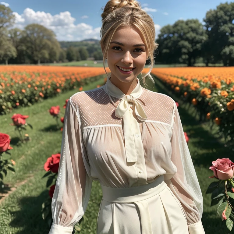 This is a high-resolution photograph of a young woman standing amidst an orchard filled with blooming orange roses. She has light blonde hair tied up in a neat bun and is smiling warmly at the camera. Her skin is fair with a slight tan, and she has a youthful, radiant appearance. She is wearing a white, long-sleeved blouse adorned with subtle, scattered polka dots. The blouse is fitted, highlighting her slender physique and medium-sized breasts. She is also wearing high-waisted, bright orange pants that contrast vividly with the white blouse. The background features a lush, vibrant field of orange roses, stretching out to a horizon of green trees and a clear blue sky. The lighting is natural, suggesting the photograph was taken during the day. The overall scene is serene and picturesque, capturing the beauty of nature and the subject's natural charm.