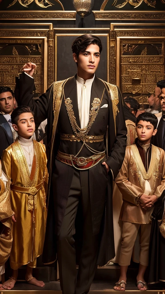 Illustrate a scene hunders Centuries ago a beutiful Arab men surrounded by wealth, children, and followers. He has the face of singer Yuta Nakamoto With the hair. Show him in a position of leadership and respect, reflecting his prosperous and influential status in society." (Realistic) ((UHD)) ((anatomically correct)))