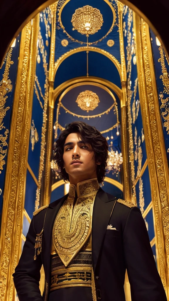 Illustrate a scene hunders Centuries ago a beutiful Arab men surrounded by wealth, children, and followers. He has the face of singer Yuta Nakamoto With the hair. Show him in a position of leadership and respect, reflecting his prosperous and influential status in society." (Realistic) ((UHD)) ((anatomically correct)))