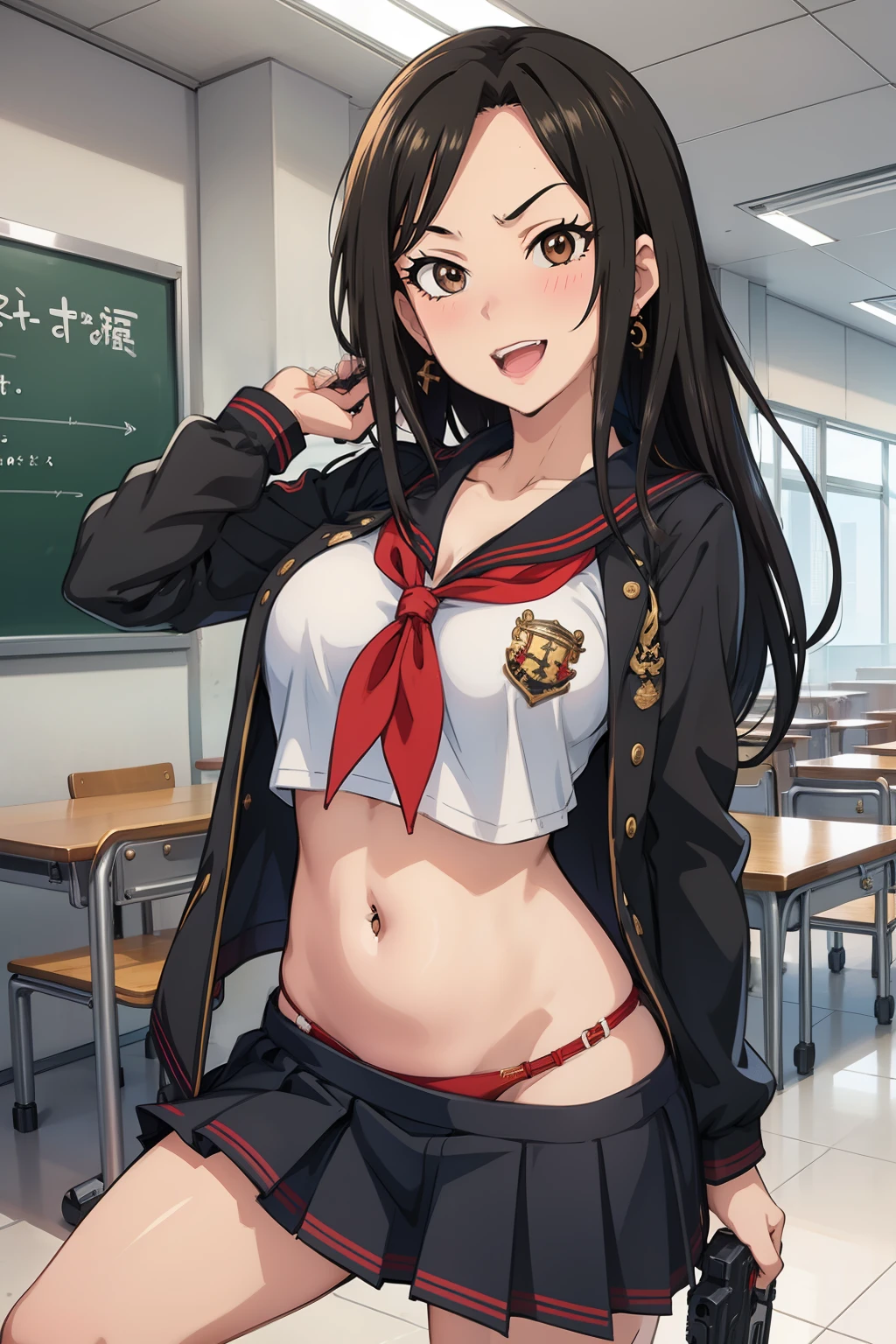 takumi, 1girl, black hair, long hair, brown eyes, large breasts, solo, mall, shopping center,indoors, blush, lipstick, jewelry, earrings, Hot girl, baddie, mean girl, sensual, attractive, masterpiece, best quality, highly detailed, a anime girls in sailor uniforms with a gun posing for a picture,
evil smile, smile, open mouth,black_serafuku, ecchi anime style, anime girls , (nsfw) not safe for work,
ecchi style, ecchi, shipgirls, digital anime art!!, high school girls, holding a gun, hold a gun, anime style 4
k, micro skirt, exposed belly, exposed navel, exposed midriff, holding pistol,underboob,
exposed lower belly,school, classroom, navel piercing