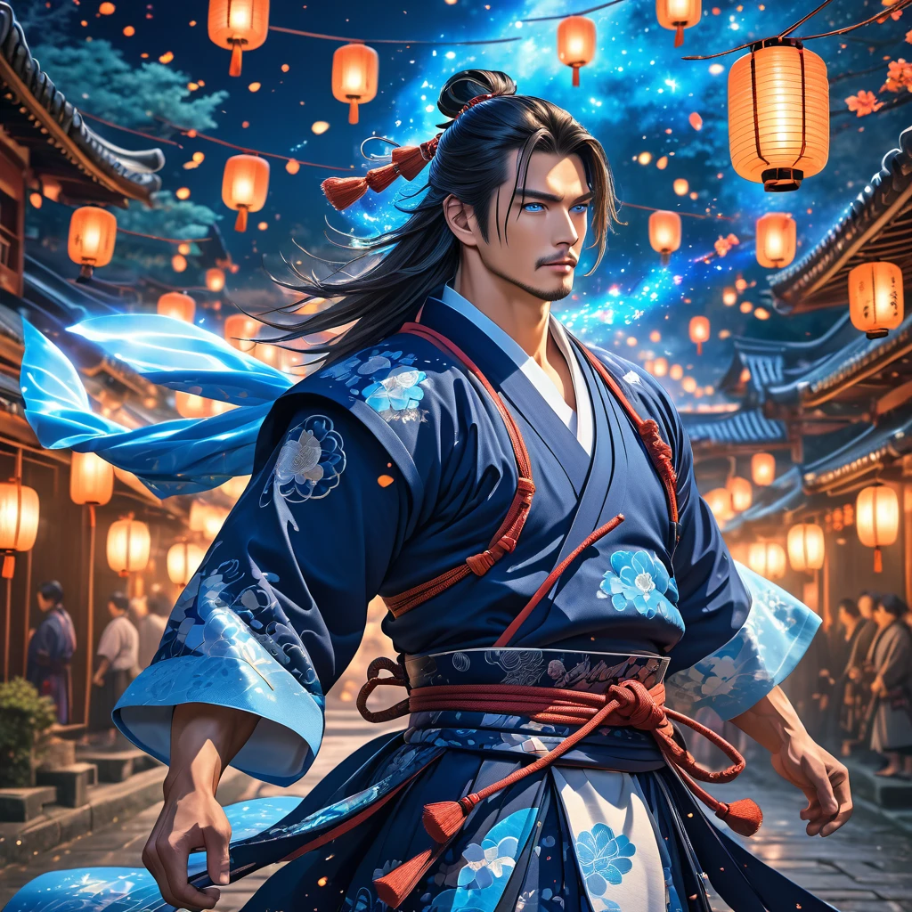 One realistic Samurai male with blue eyes and muscular body with long hair in ancient attire, magical aura emitting magic,  flying in a magical fantasy world at night, lanterns.