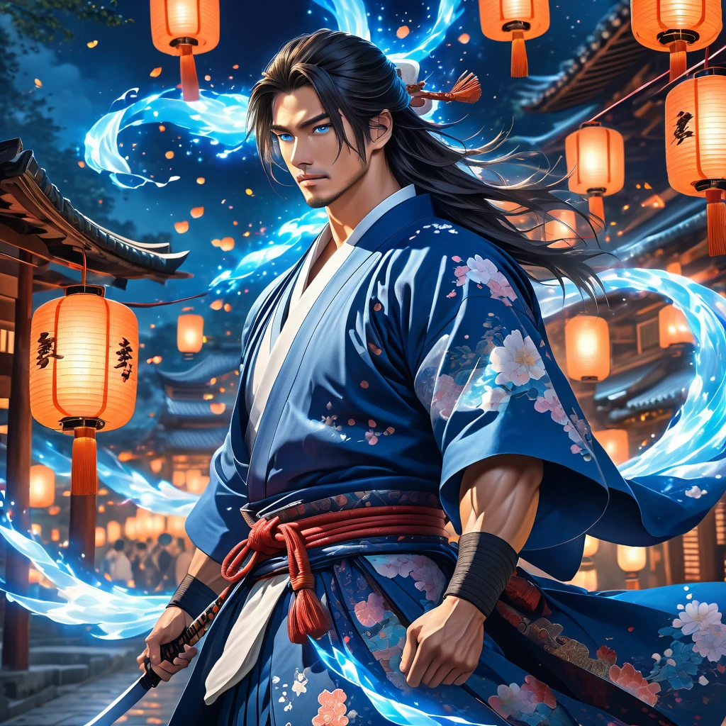 One realistic Samurai male with blue eyes and muscular body with long hair in ancient attire, magical aura emitting magic,  flying in a magical fantasy world at night, lanterns.