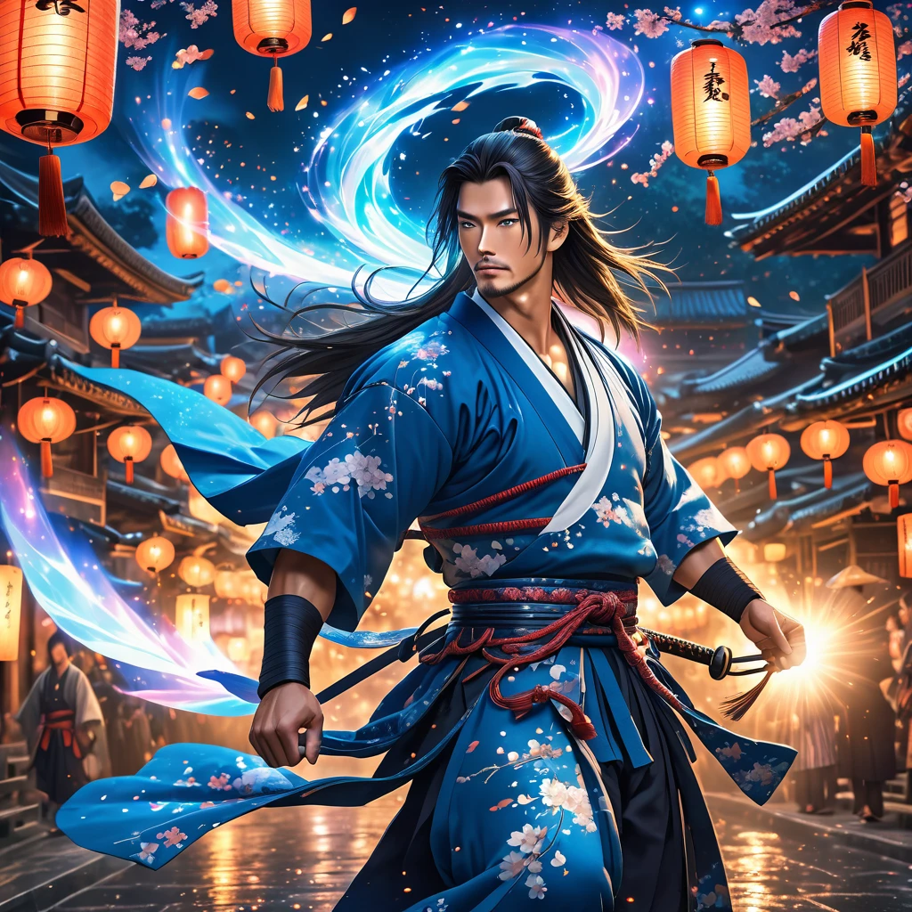 One realistic Samurai male with blue eyes and muscular body with long hair in ancient attire, magical aura emitting magic,  flying in a magical fantasy world at night, lanterns.