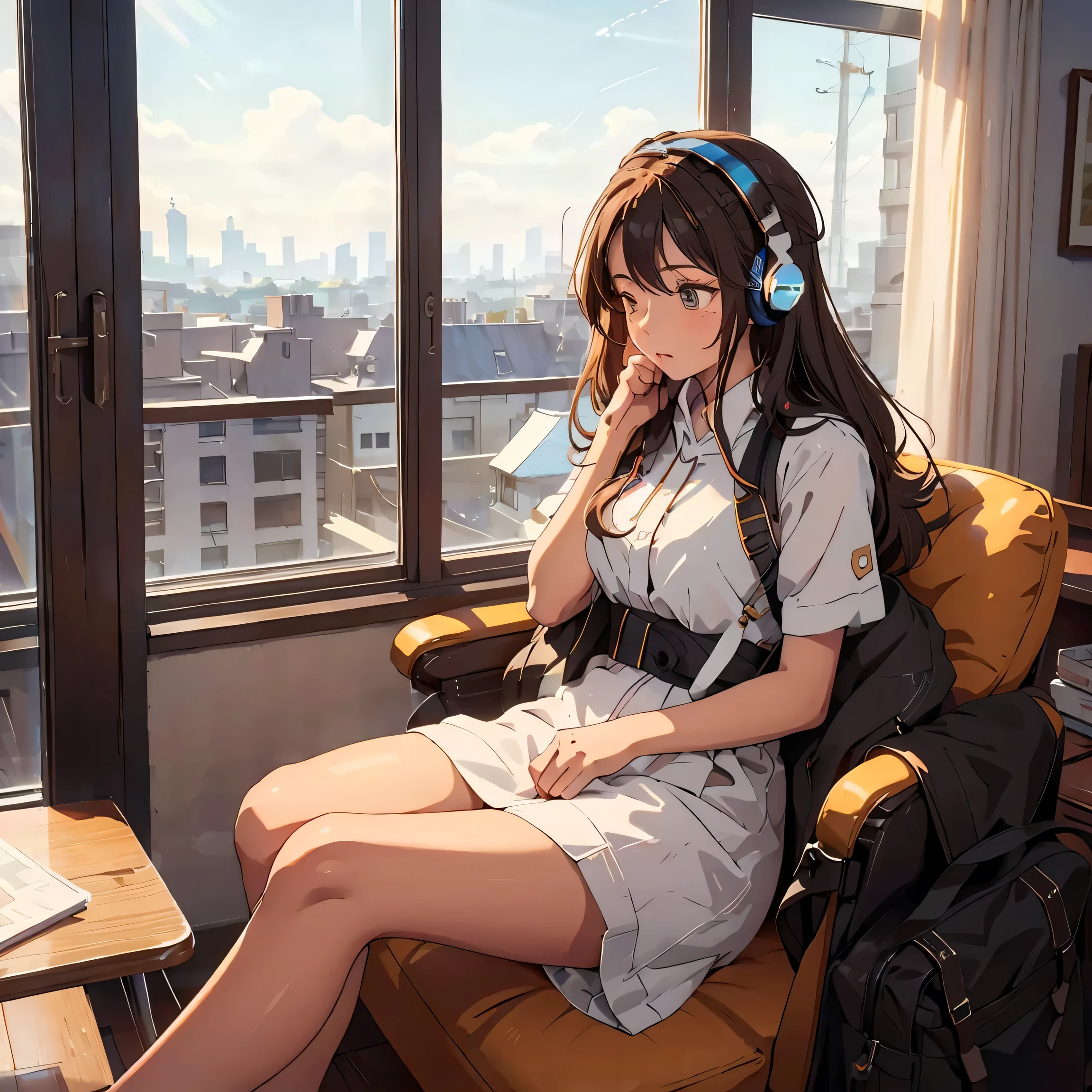 Optimal，masterpiece，High resolution，Highest quality，A warm room。A beautiful woman looking out the window。Wearing one headphone。It&#39;s night outside。Clothes are hoodies。profile。Close ~ eyes