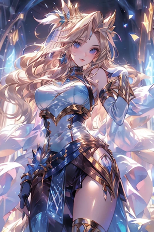 A full-body portrait of a young woman in anime style, with long, light blonde hair, framed by a white mantle adorned with golden details. She has intense blue eyes and wears a form-fitting blue armor with intricate engravings of leaves and flowers, and golden metal pieces covering her shoulders and arms. A dark brown leather belt with metallic buckles secures her armor at the waist. She wears brown leather boots, standing in a dynamic action pose. A cross-shaped pendant adorns her chest. The background features a blue sky with fluffy clouds, highlighting her majestic and noble appearance, visible from head to toe.
