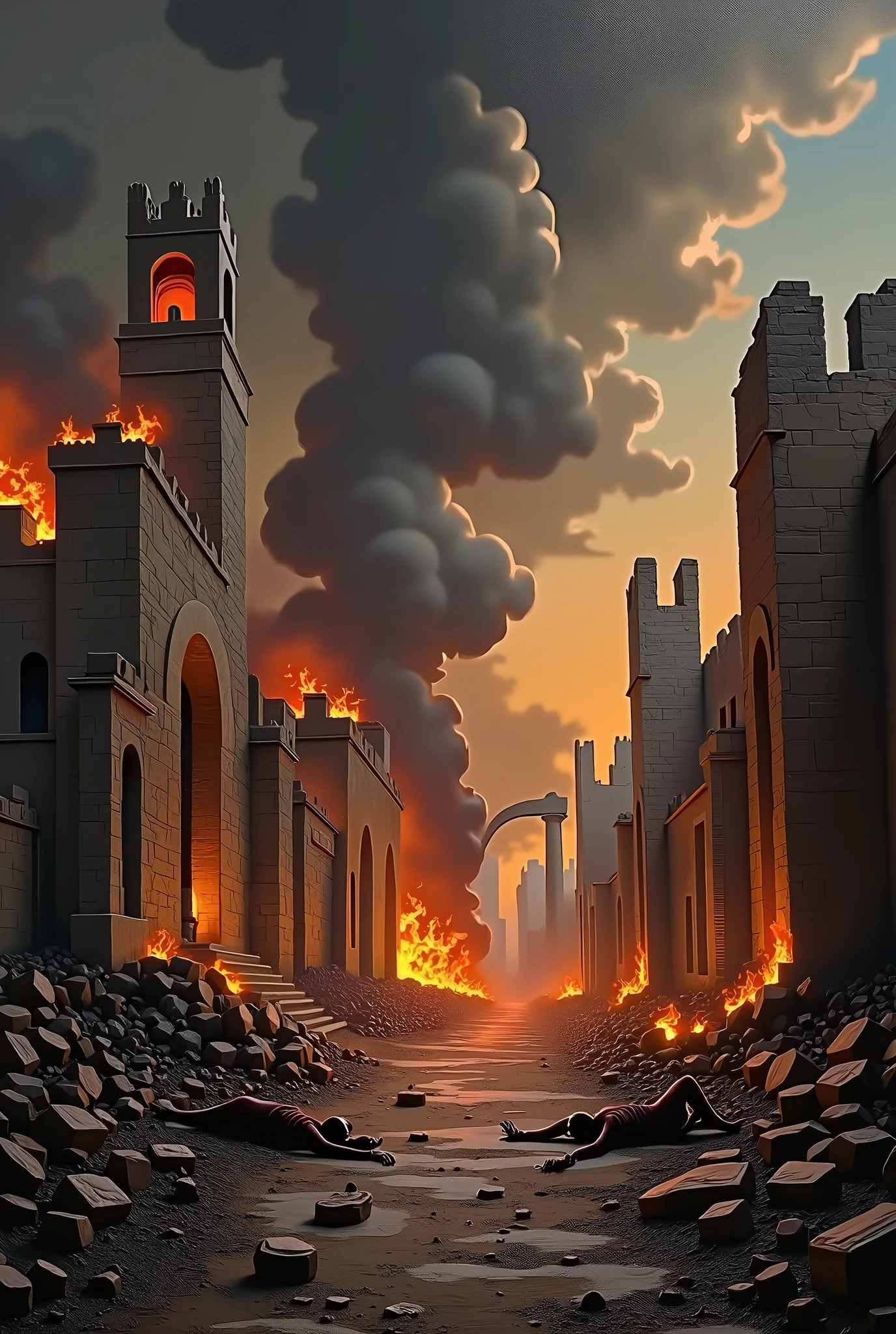 (oil painting) newly destroyed ancient city, with fire, Smoke and dead people in the streets