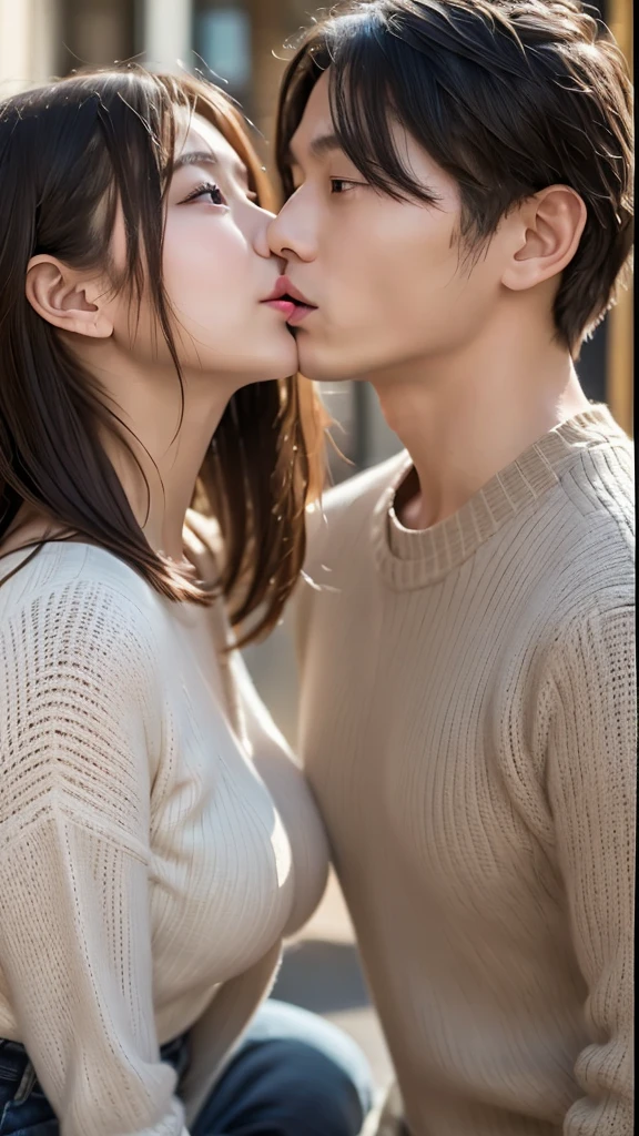 whole body, Wide Shot, One Japanese woman is 20 years old,(Big Breasts),The woman has short black hair., One Japanese man is 28 years old, Yankee, Gray short-haired, "A young man with a tough face is kissing a young woman", The man forces a kiss on the young woman.,  (The man and woman are intertwined, mouths open and tongues sticking out.), Crouching on the floor, M-shaped legs, Focus on the man, 