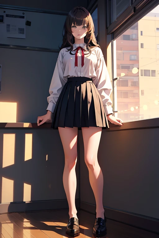 1girl, half-up hairstyle, asymmetric bangs, large bust, soft smile, bedroom eyes, high school uniform, knee-length skirt, anime style, beautiful figure, full body portrait, medium length hair, detailed facial features, cinematic lighting, warm color palette, volumetric lighting, elegant pose, photorealistic, highly detailed, masterpiece, 8k, realistic