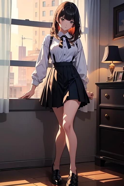 1girl, half-up hairstyle, asymmetric bangs, large bust, soft smile, bedroom eyes, high school uniform, knee-length skirt, anime style, beautiful figure, full body portrait, medium length hair, detailed facial features, cinematic lighting, warm color palette, volumetric lighting, elegant pose, photorealistic, highly detailed, masterpiece, 8k, realistic