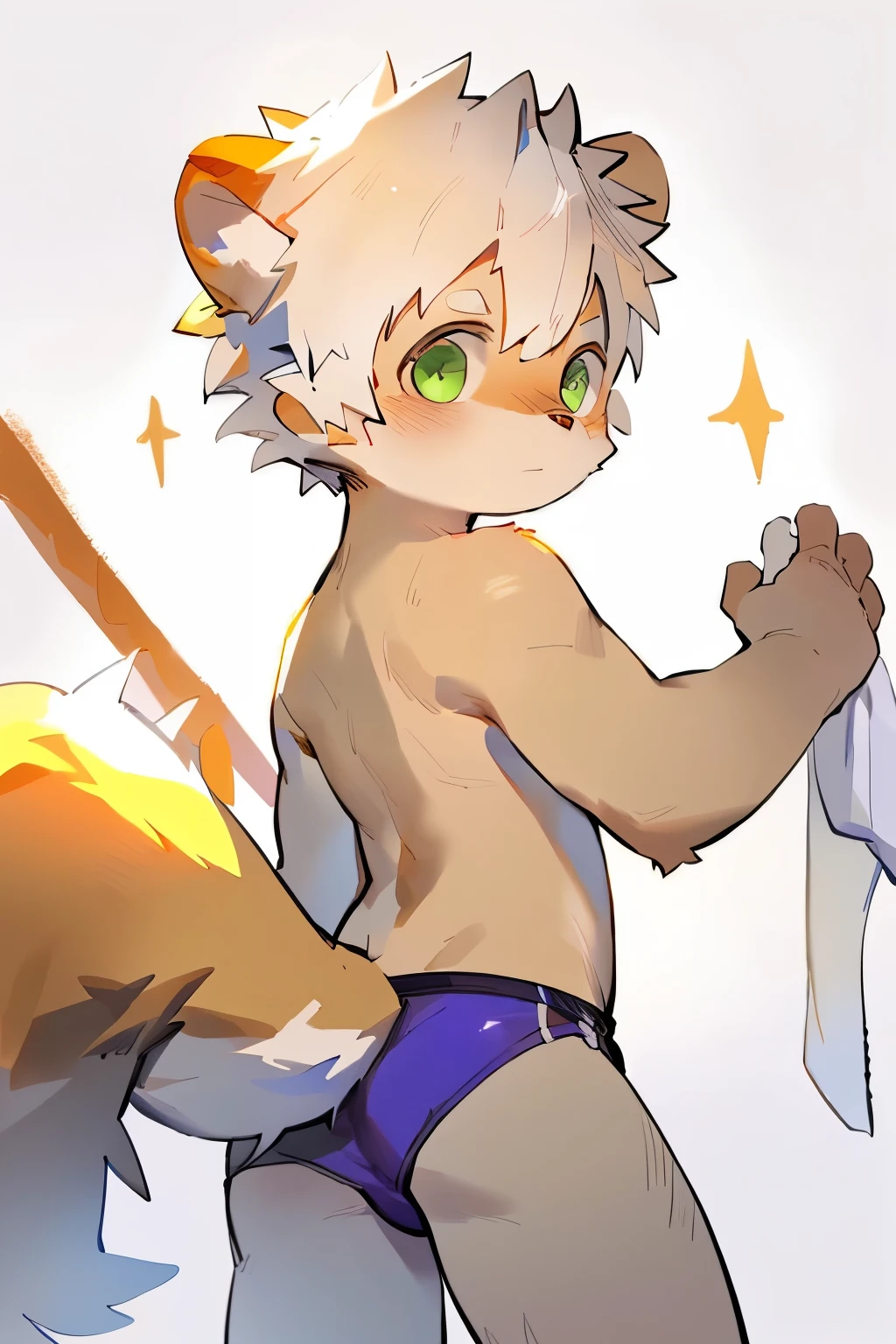 masterpiece, best quality, Perfect anatomical structure, Bright Eyes, Big watery eyes, From milkytiger1145, author:K0BIT0WANI, Solitary, Wolf ,Big Tail, Delicate face, Detailed body, whole body, 5 fingers, Detailed hands, Green Eyes, Delicate eyes, Raise your eyebrows, short hair, Brown fur, 2 arms,Upturned butt ,blush, 男士underwear, underwear,,Toddler,((Boy,shota)),boy,Pino Deheny, Carney announced, milkytiger1145,