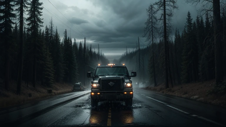 Depict a dark, desolate road winding through dense, ominous woods. It is late at night, and the road is barely illuminated by the truck’s headlights, which cast long, eerie shadows. The surrounding trees are gnarled and twisted, their branches reaching out like skeletal fingers. The scene is drenched in heavy rain, with sheets of water pouring down and splattering against the windshield. The visibility is dangerously low, adding to the sense of isolation and foreboding. The sky is an inky black, with storm clouds obscuring any trace of moonlight or stars.