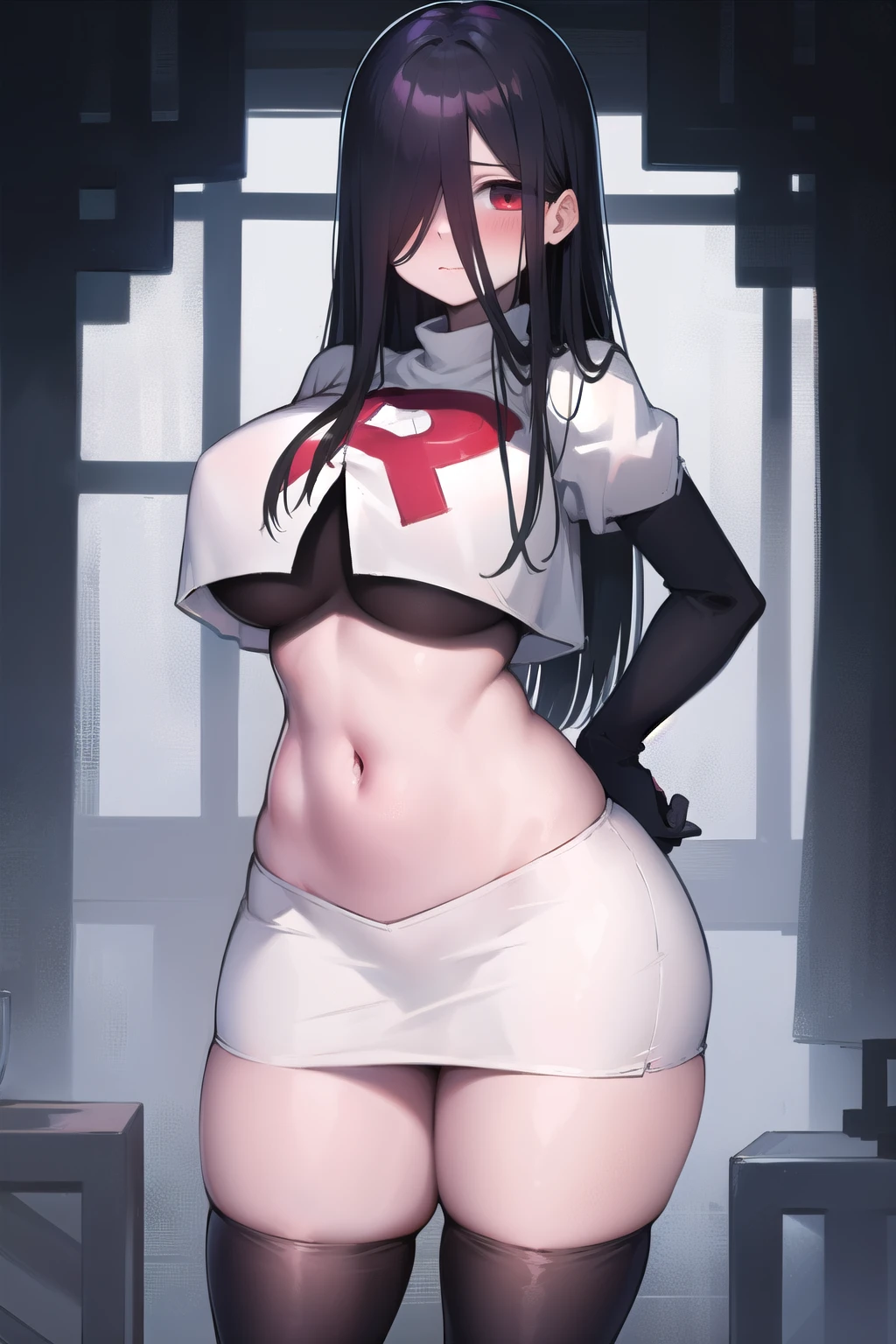 masterpiece, detailed, high quality, absurdres, sadako, (hair over eyes), pale skin, blush, large breasts, curvy, navel, stomach, groin, team rocket,team rocket uniform,white skirt,red letter R,crop top,black thigh-highs,black elbow gloves, cowboy shot,