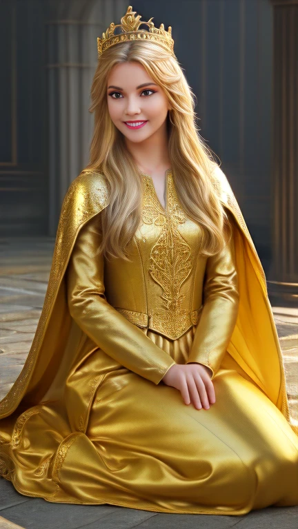 Once upon a time, live the beautiful princess, with golden armor and cloak, long blonde hairs, crown on the head, waiting someone for a love, she have beautiful smile, courtyards, full body, (Masterpiece), (best quality), (high quality), (extremely detailed) CG unity, 8k wallpaper, (cinematic angle)