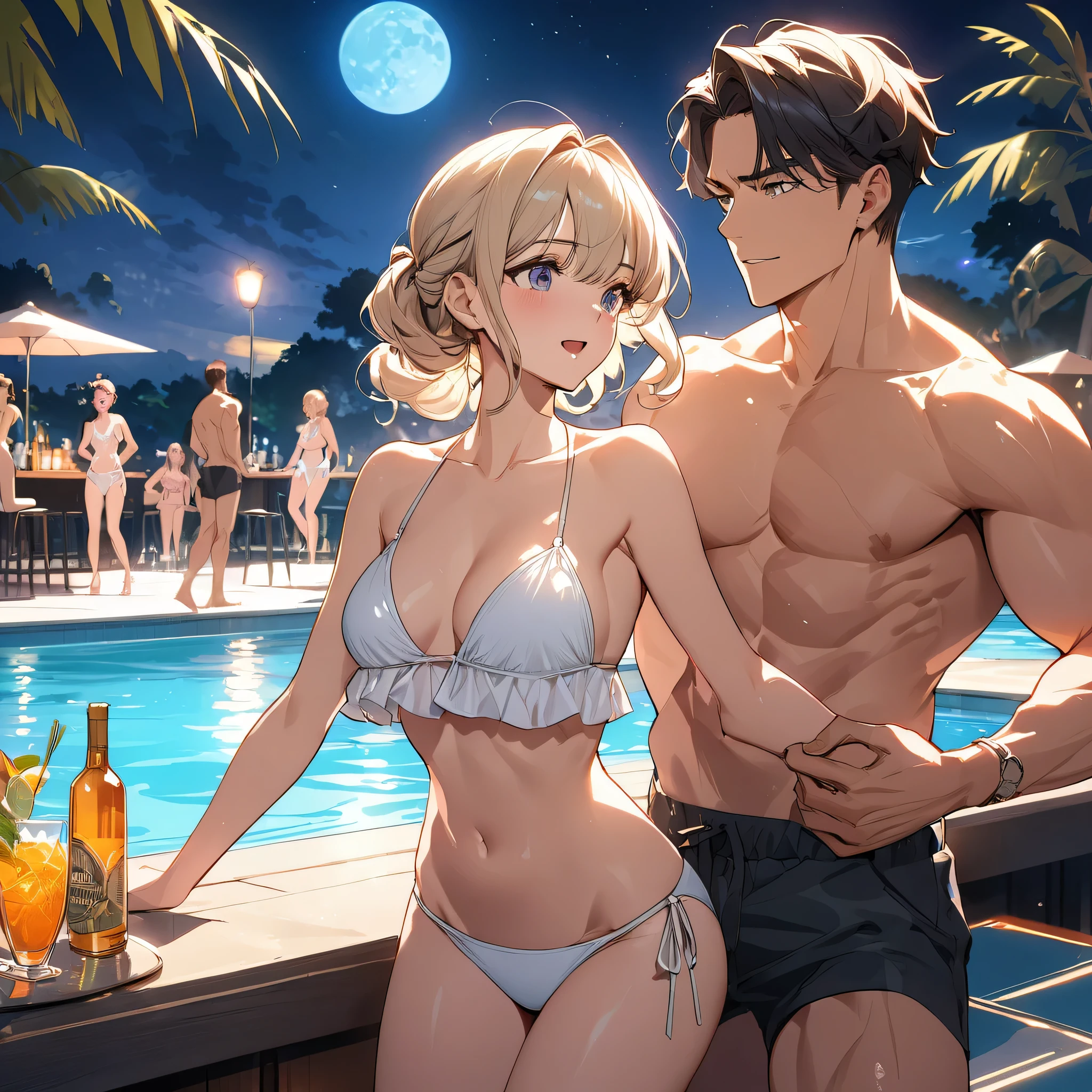 A masterpiece, boldly drawn anime style illustrations, detailed drawings, midsummer nights, crazy fun, cinematic lighting, a poolside bar. A toned young man in bikini briefs is trying to woo a stylish, glamorous woman in a white bikini.