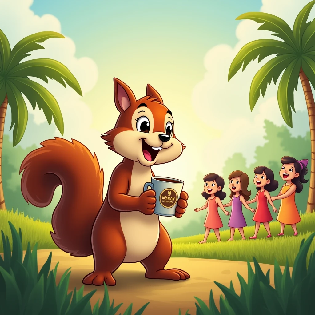 Create a cartoon squirrel leading a group of friends singing, holding a coffee cup with the Hermon Church logo in Bangkok. The background is a rice field and a coconut grove.