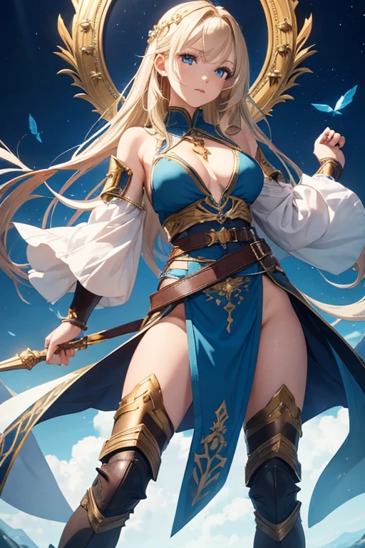 A full-body portrait of a young woman in anime style, with long, light blonde hair, framed by a white mantle adorned with golden details. She has intense blue eyes and wears a form-fitting blue armor with intricate engravings of leaves and flowers, and golden metal pieces covering her shoulders and arms. A dark brown leather belt with metallic buckles secures her armor at the waist. She wears brown leather boots, standing in a dynamic action pose. A cross-shaped pendant adorns her chest. The background features a blue sky with fluffy clouds, highlighting her majestic and noble appearance, visible from head to toe.