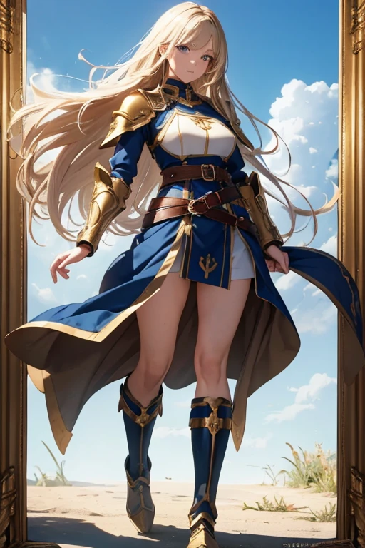 A full-body portrait of a young woman in anime style, with long, light blonde hair, framed by a white mantle adorned with golden details. She has intense blue eyes and wears a form-fitting blue armor with intricate engravings of leaves and flowers, and golden metal pieces covering her shoulders and arms. A dark brown leather belt with metallic buckles secures her armor at the waist. She wears brown leather boots, standing in a dynamic action pose. A cross-shaped pendant adorns her chest. The background features a blue sky with fluffy clouds, highlighting her majestic and noble appearance, visible from head to toe.