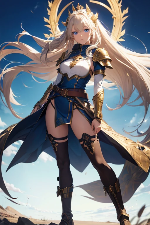 A full-body portrait of a young woman in anime style, with long, light blonde hair, framed by a white mantle adorned with golden details. She has intense blue eyes and wears a form-fitting blue armor with intricate engravings of leaves and flowers, and golden metal pieces covering her shoulders and arms. A dark brown leather belt with metallic buckles secures her armor at the waist. She wears brown leather boots, standing in a dynamic action pose. A cross-shaped pendant adorns her chest. The background features a blue sky with fluffy clouds, highlighting her majestic and noble appearance, visible from head to toe.