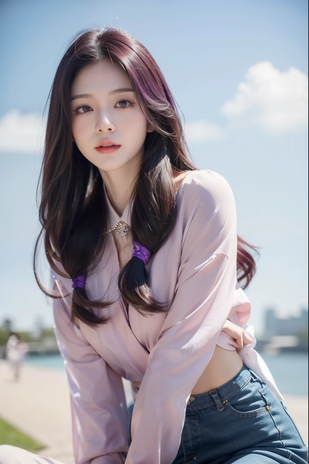 "Create a detailed character illustration of Avril Lin, a female idol trainee from the game Ladies' School Prince. Avril has long hair styled in a hime cut, with purple hair. She is extremely beautiful and charming, with a kind and gentle expression. Avril should be depicted in a way that reflects her elegance and grace as a rising star in the idol world. The background should complement her character, with soft colors or subtle patterns that enhance her overall presence."

