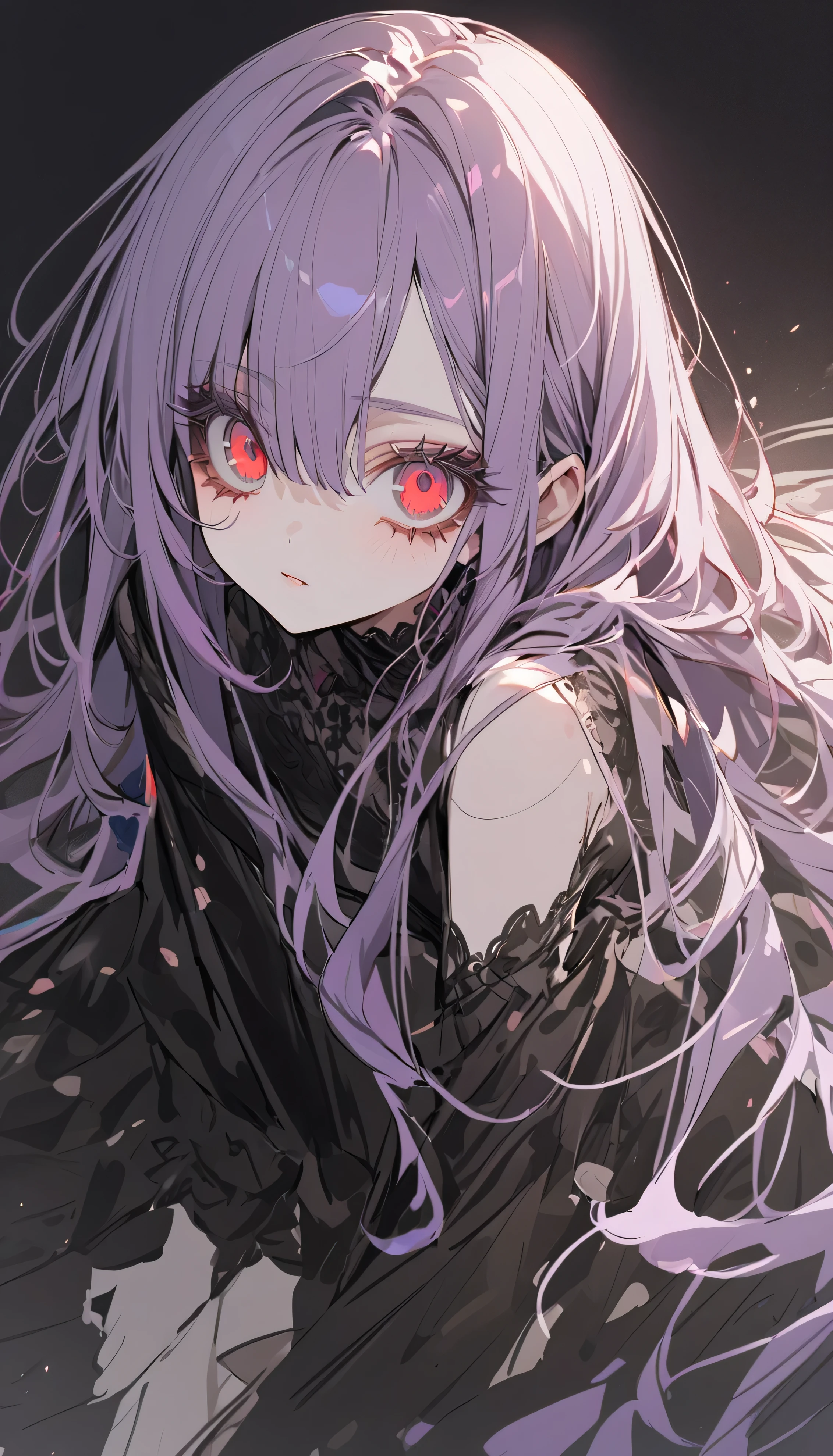 Girl falls to the ground(Sketches) ,Pale red eyes(Big Eyes:1.2), ,Long purple hair(Semi-long hair:1.4)(eye shadow:1.3)(Eyelashes:1.2)(Black Background)
