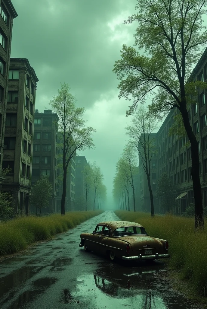 a rusty old car, post-apocalyptic city street scene, tree grow everywhere, dilapidated buildings, cracked pavement, overgrown tall grass, cloudy dramatic sky, greeny, light rain, cinematic lighting, cinematic composition, highly detailed, photorealistic