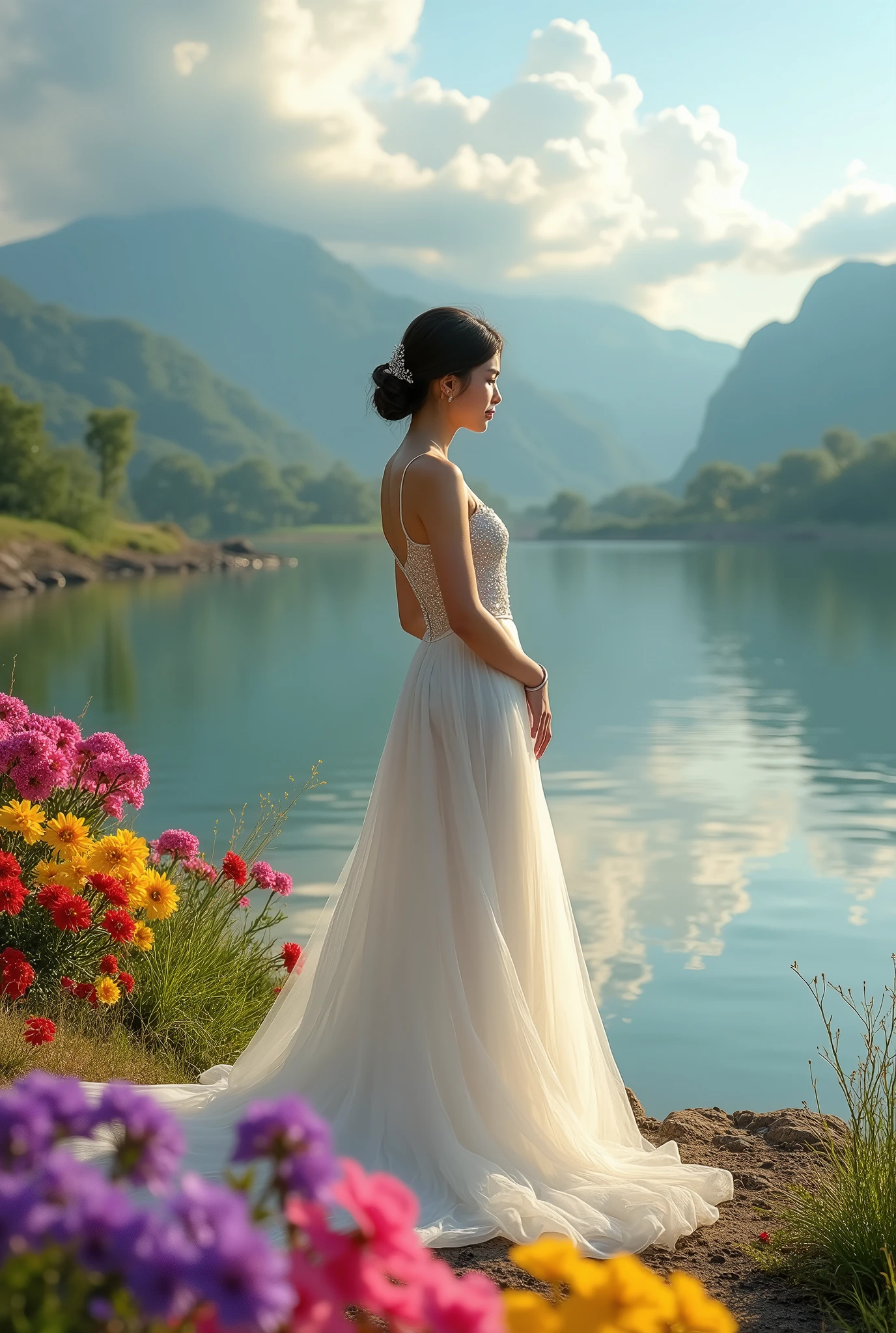 a vietnamese girl, wearing a wedding dress, white wedding dress, hot body, slim waist, big breasts, standing by the river, at her feet are colorful flowers, purple, pink, yellow, red, in the distance is a mountain, with the sunlight shining on the mountain, blue clouds swirling around the mountain, yellow sunlight dyeing the river, green, flowers, beautiful, idyllic, wonderful, absurd, surreal, textured, maximum detail, dslr, transparent clothes, masterpiece, best quality: 1.2),, (8k, high resolution, RAW image, realistic, true to life: 1.3), (detailed skin texture, detailed fabric texture, detailed water, detailed body texture, beautiful detailed face: 1.25), professional lighting, photon mapping, beautiful soft light, radiation, physically based rendering, ray tracing, model shooting style, model shooting style, (CG unity background 8k ultra-detail), full body photo of the world's most beautiful artwork, (8k, high resolution, RAW image, realistic, photorealistic: 1.3), (detailed skin texture, detailed cloth texture, detailed water, detailed trees, detailed textured flowers, detailed leaves, detailed colors, beautifully detailed faces: 1.25), professional lighting, photon mapping, beautiful soft light, brightness, physically based rendering, ray tracing, model shooting style, model shooting style, (Unity's 8k ultra-detailed CG background), the world's most beautiful full body photo,