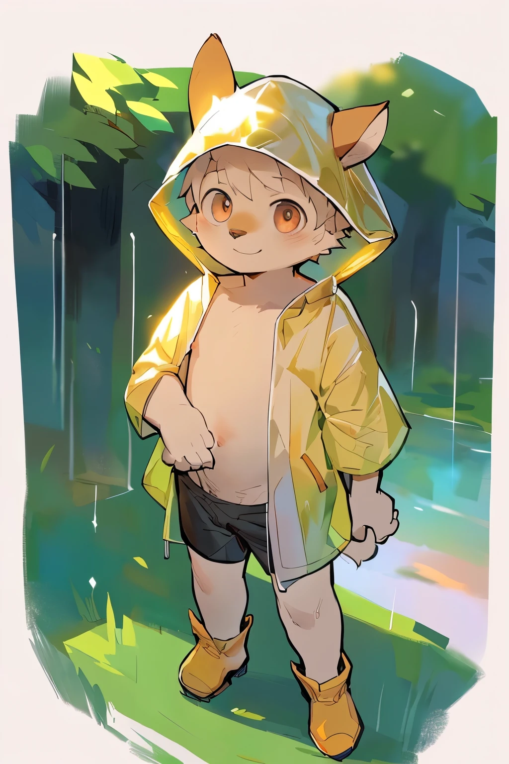 masterpiece, best quality, Perfect anatomical structure, Bright Eyes, Big watery eyes, From milkytiger1145, author:K0BIT0WANI,Kindergarten boys, Mascot boy, Shorter boy, best quality, high resolution, Extremely detailed,Realistic Tips, ,(Wearing a , loose, semi-transparent hooded raincoat,Transparent raincoat,Raincoat hood,Nudensparent shorts), rain, Rain boots,Standing,deer,Smile, external, close up,((Boy,shota)),
