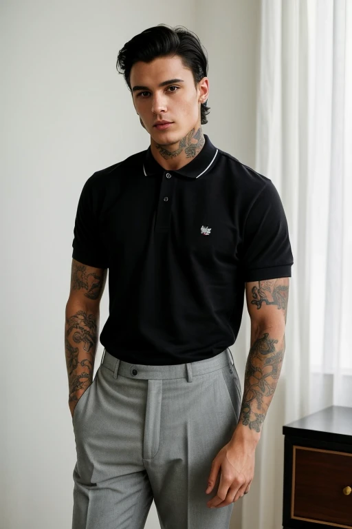 (Best Quality)), ((masterpiece)), (detailed), 1 man, 20 years, polo shirt, black pants, handsome,, black hair taken in 2022 manly features,. Showing off their tattoos on their arms and forearms. Inside the room. Curtain hairstyle.