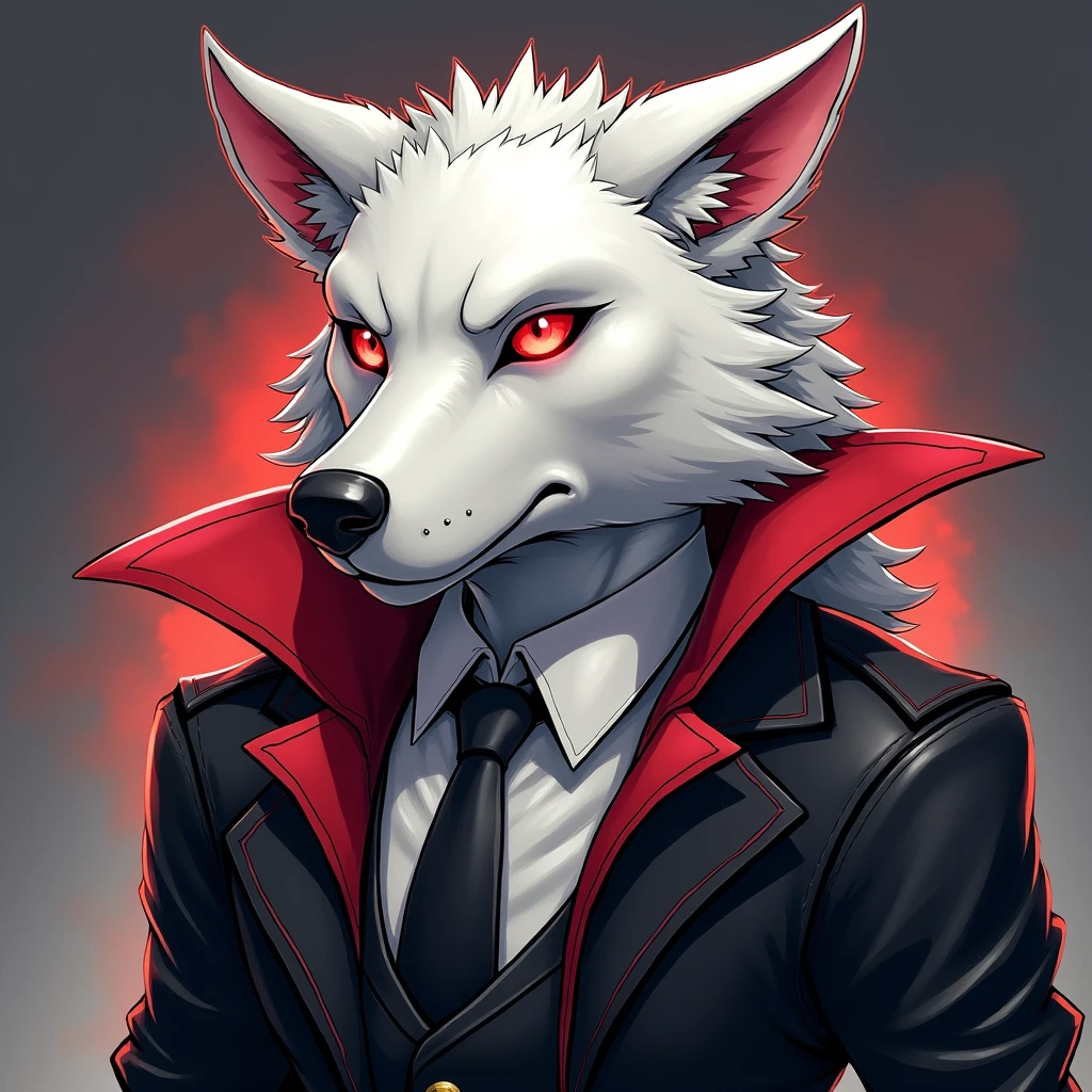 Draw Death the anthro white wolf with his red eyes from in boots.