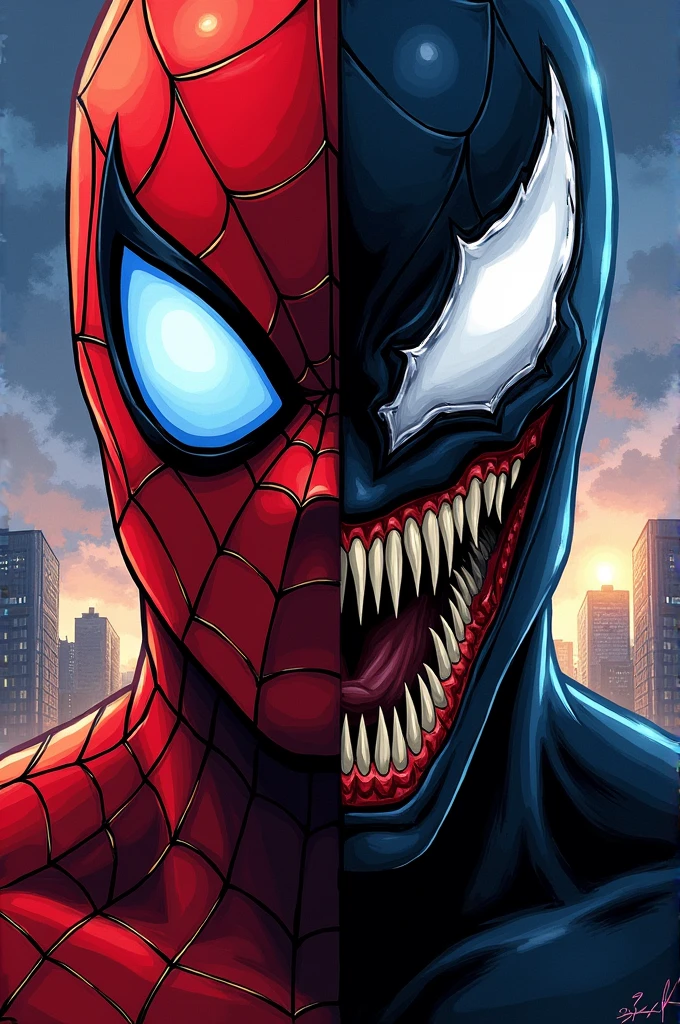 A half face of Spider man and another half face of venom